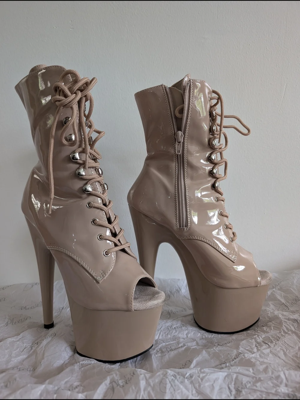 Adore Nude Patent Lace-Up Peep-Toe Platform Boots
